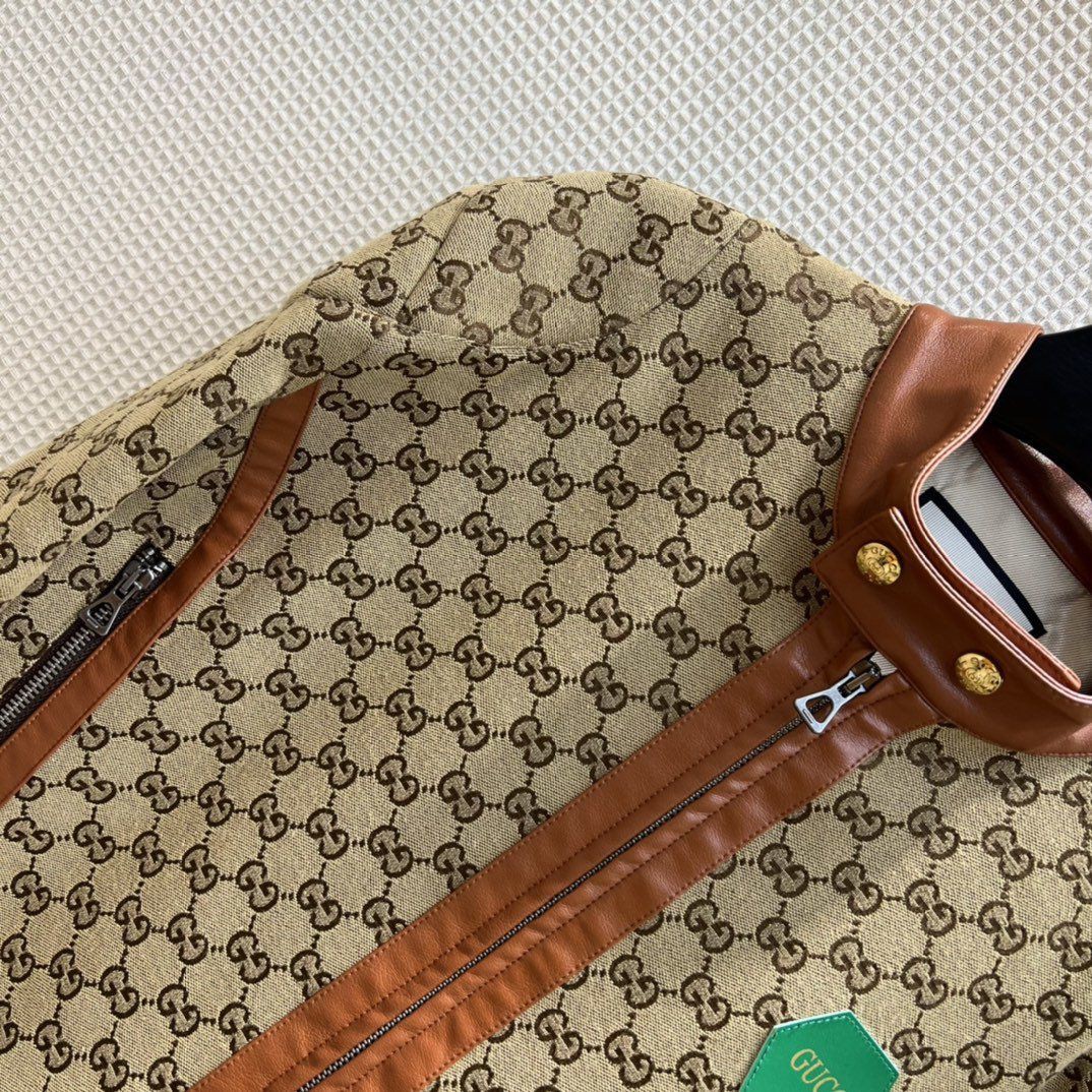 21-22AWグッチ レザー トリム付き GGキャンバス ジャケット コピー 681034Z8AV62184通販