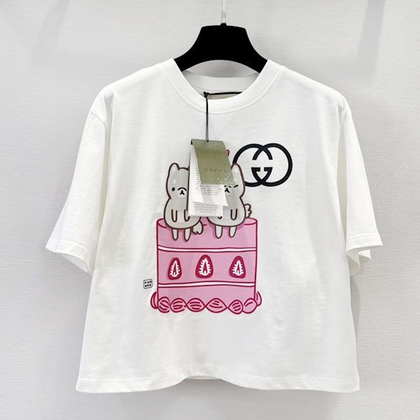 即発送グッチ Kawaii クロップド コットンジャージー Tシャツ コピー プリント 717684XJFBL9095通販