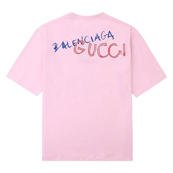 送料込グッチ バレンシアガ 偽物 コラボ ロゴ ピンクTシャツ guc85308通販