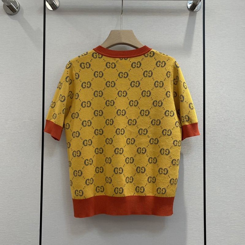 ビーズが可愛い！グッチ 半袖ニットTシャツ 偽物 イエロー コットン guk18530通販