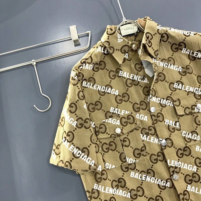 大人気！グッチ バレンシアガ シャツ 偽物★ホワイト バレンシアガ プリント入り ブラウンナイロン guz94539通販
