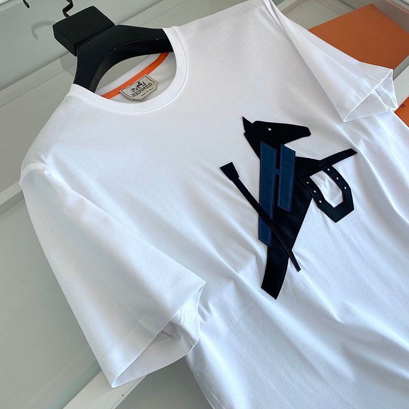 追跡付き発送【エルメス】レザーパッチロゴ コットン Tシャツ コピー erc28435激安送料無料
