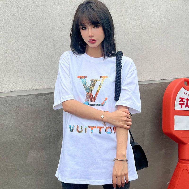 目を惹くカラールイヴィトン コピー ロゴ コットン Tシャツ vul14296激安送料無料