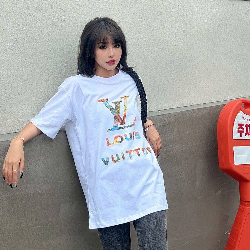 目を惹くカラールイヴィトン コピー ロゴ コットン Tシャツ vul14296N級品