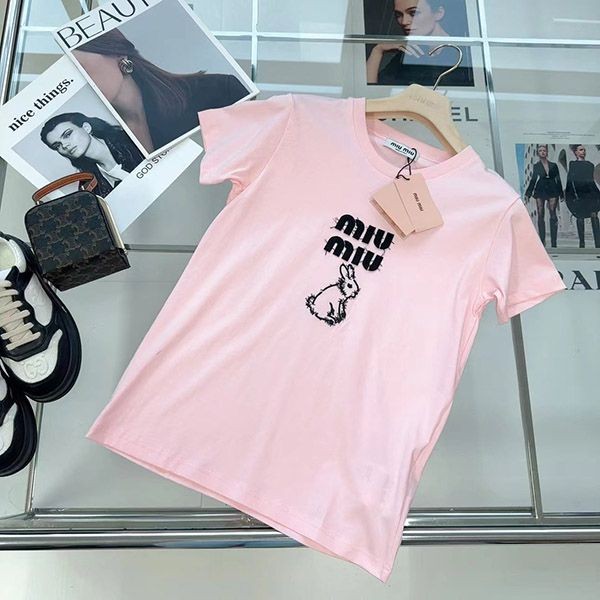 最安値挑戦 ミュウミュウ 刺繍入りコットンTシャツ コピー myl63098通販