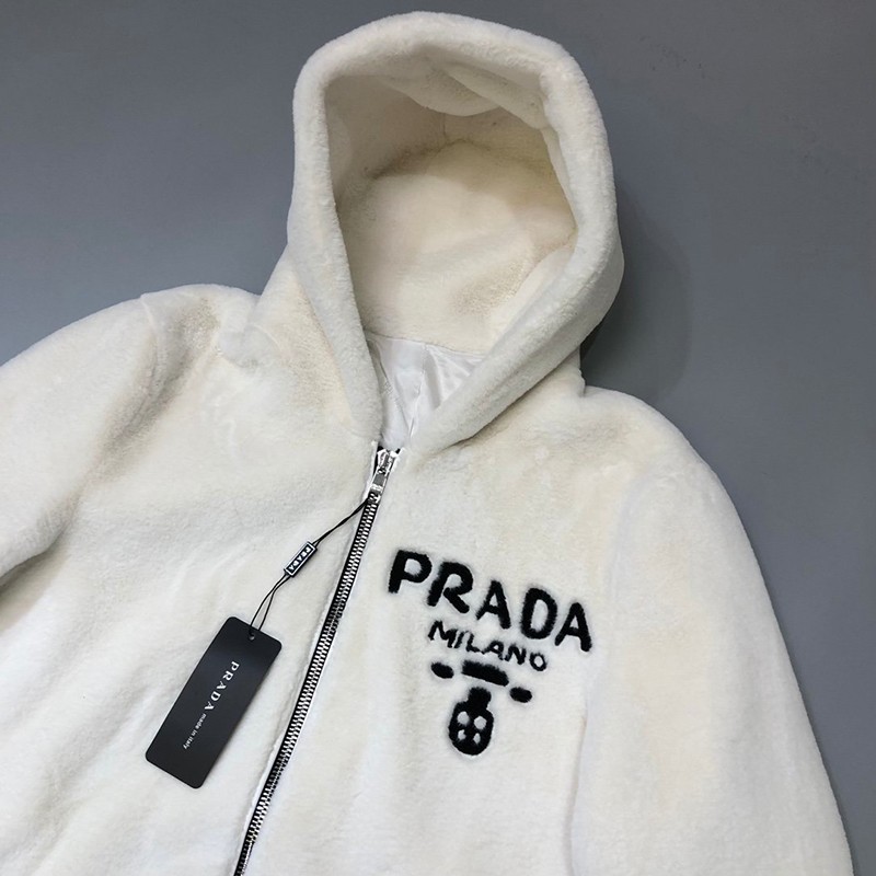 新作！プラダ パーカー コピー ホワイト★カシミアとシャーリングパーカー★ puk88623激安送料無料