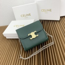 セリーヌダークグリーンのラムスキン製スモールフラップ財布 143918実物写真100%