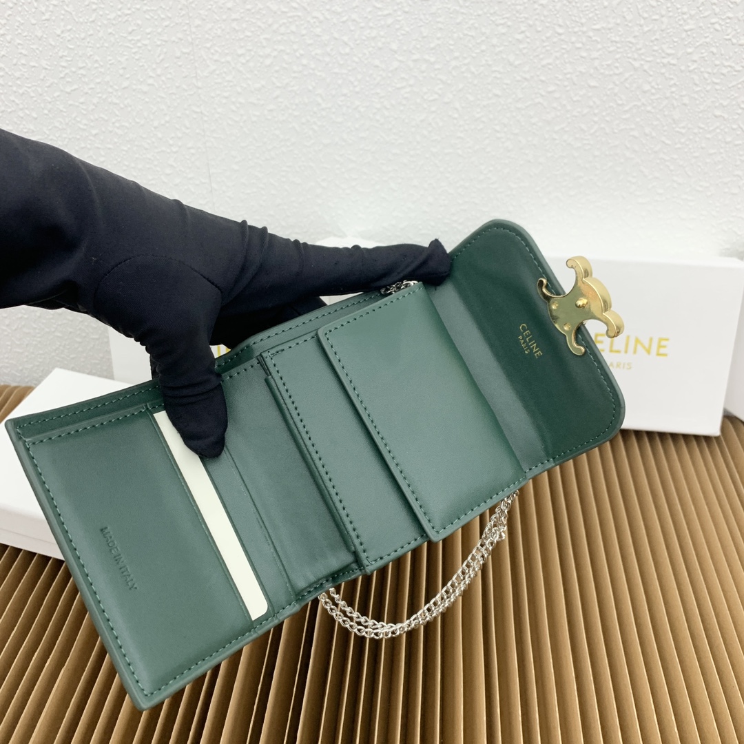 セリーヌダークグリーンのラムスキン製スモールフラップ財布 143918実物写真100%N級品
