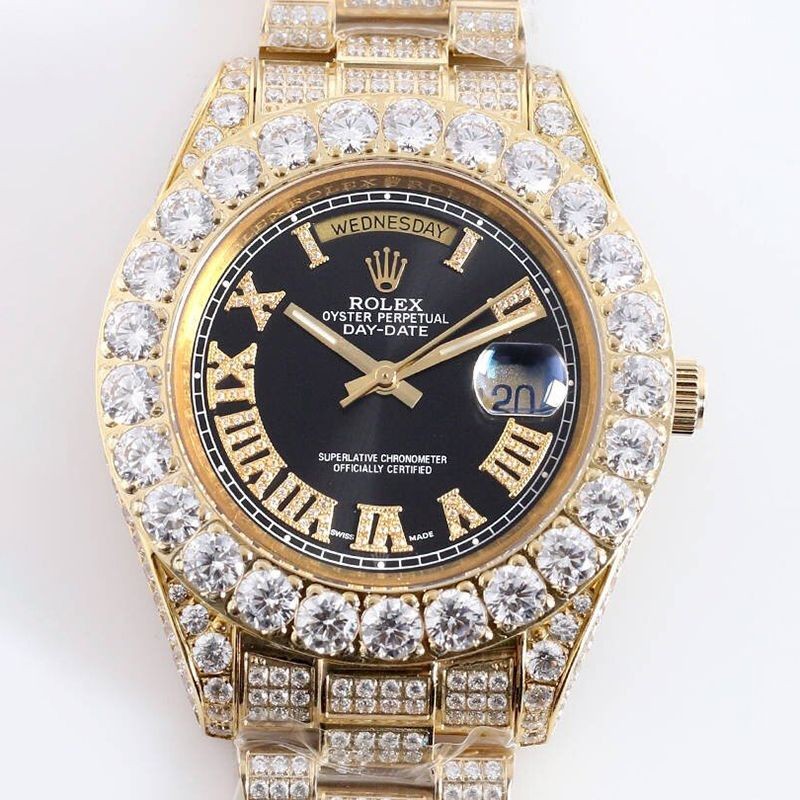 ロレックス ROLEX 偽物 腕時計 39MM メンズ ブラック 全面ダイヤ デイデイト roo42615