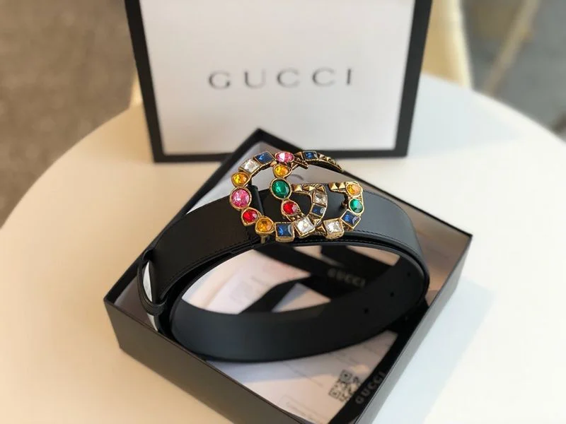 セール新作【グッチ ベルト コピー】マルチカラークリスタル☆ダブルGバックルレザー 40mm 513183AP0IT1093
