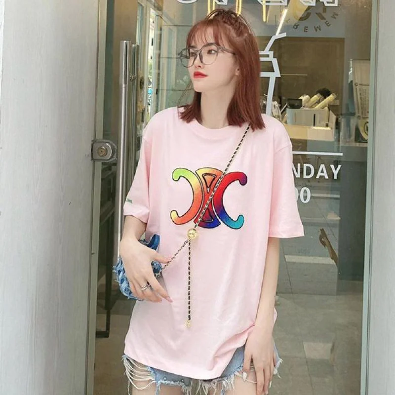 ☆超人気☆セリーヌ トリオンフ ロゴ オーバーサイズ Tシャツ ピンク Ceb55354