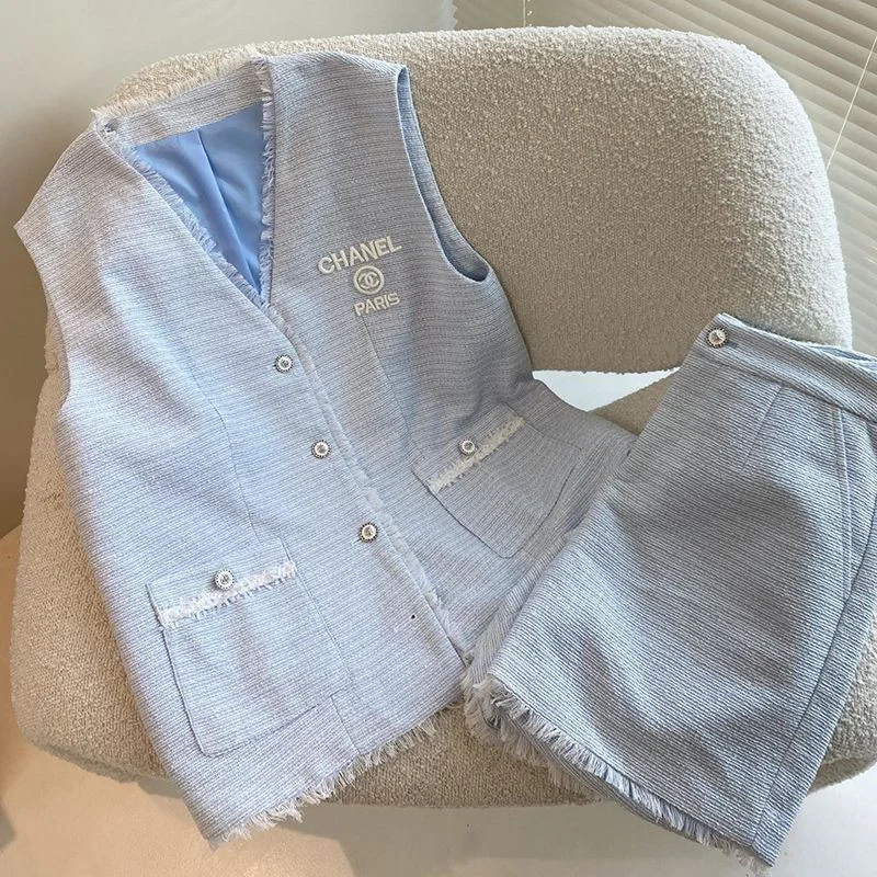 100%実物写真!シャネル コピー☆ベスト シルク & コットン ツイード 2色 上下セット shf72046