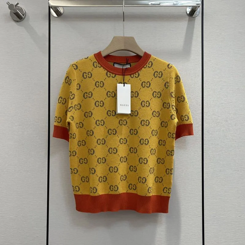 ビーズが可愛い!グッチ 半袖ニットTシャツ 偽物 イエロー コットン guk18530