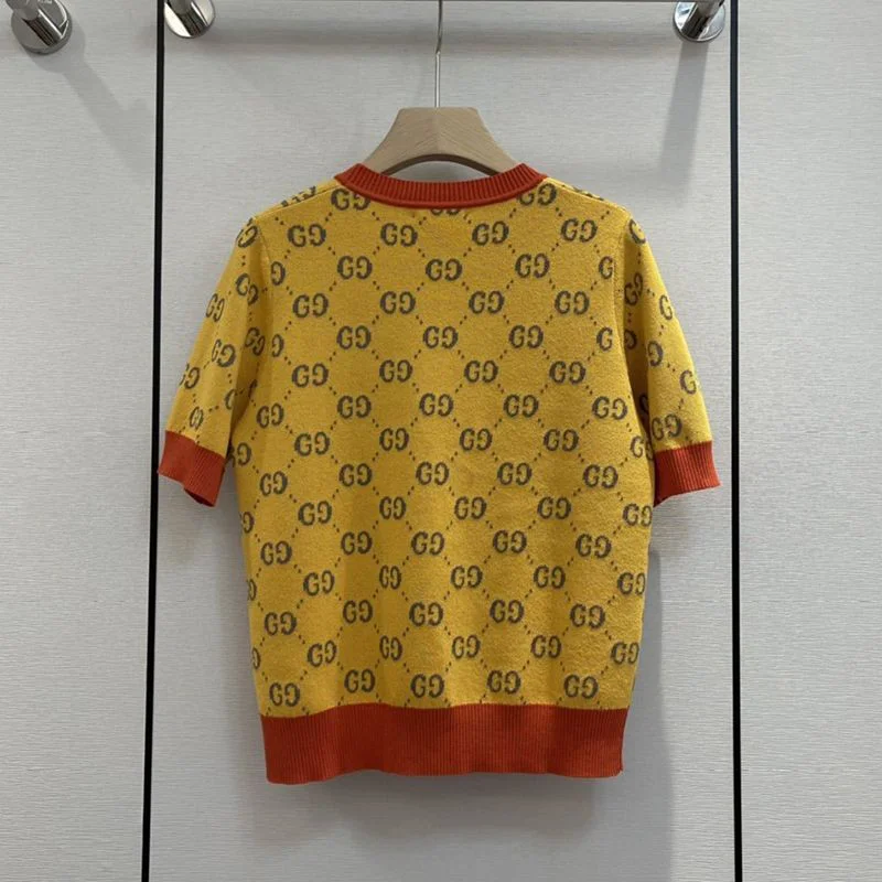 ビーズが可愛い!グッチ 半袖ニットTシャツ 偽物 イエロー コットン guk18530