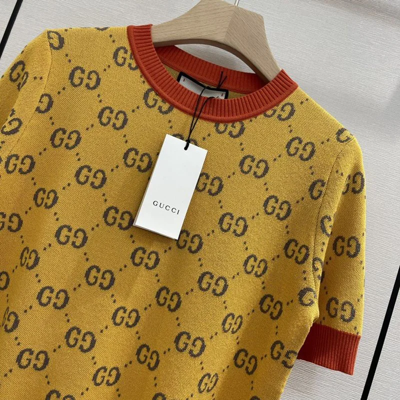 ビーズが可愛い!グッチ 半袖ニットTシャツ 偽物 イエロー コットン guk18530