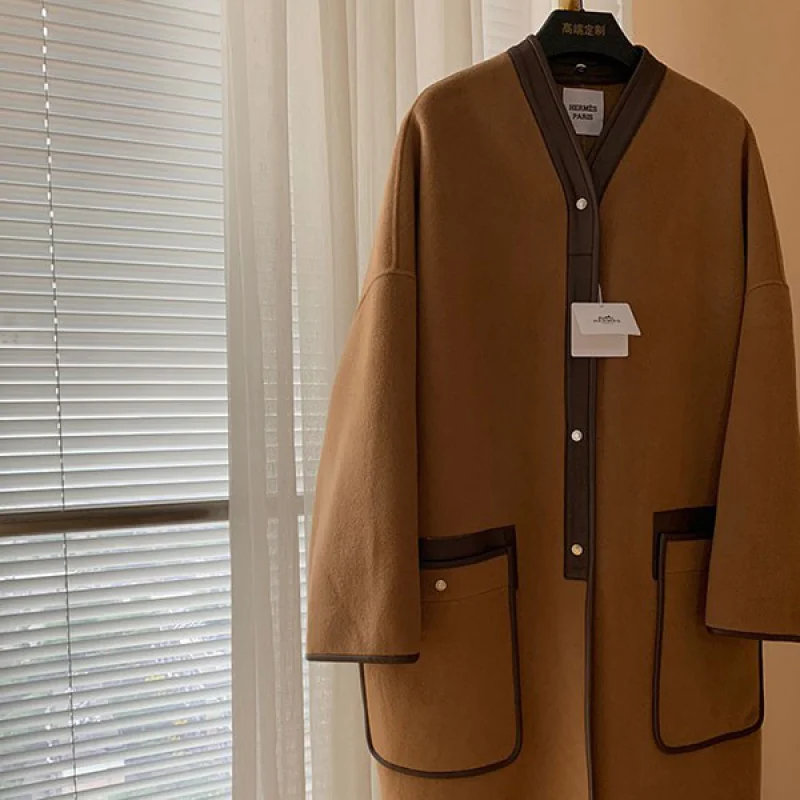 【日本未発売】エルメス 2021FW 雑誌掲載 コート カシミヤ ノーカラー コピー ブラウン erx03258