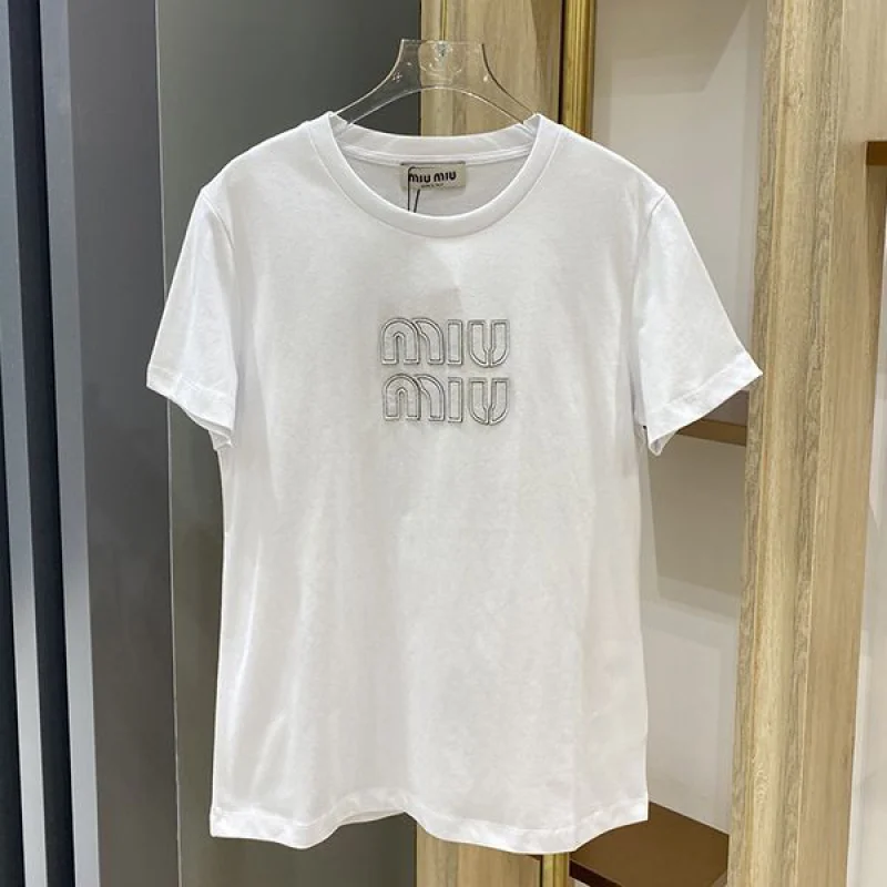 送料込ミュウミュウ コピー エンブロイダリーコットンTシャツ myv33585