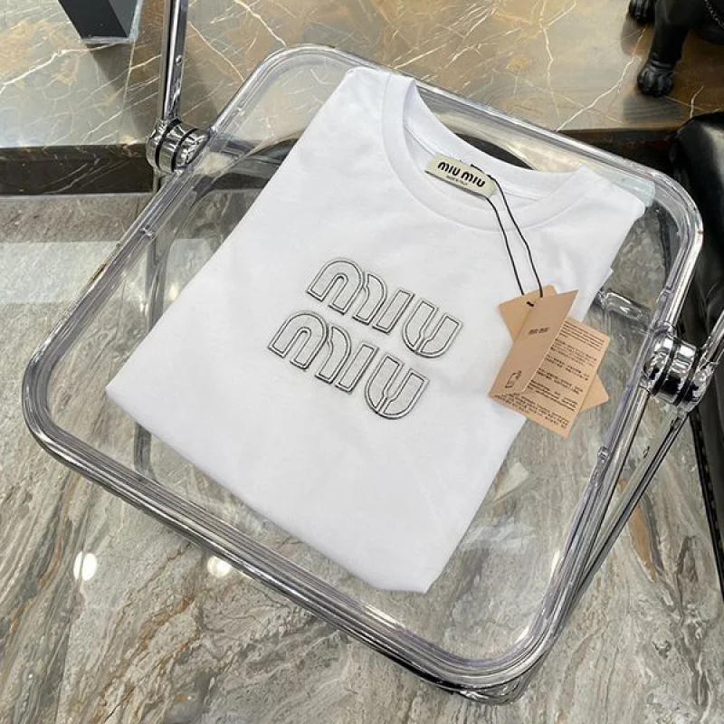 送料込ミュウミュウ コピー エンブロイダリーコットンTシャツ myv33585