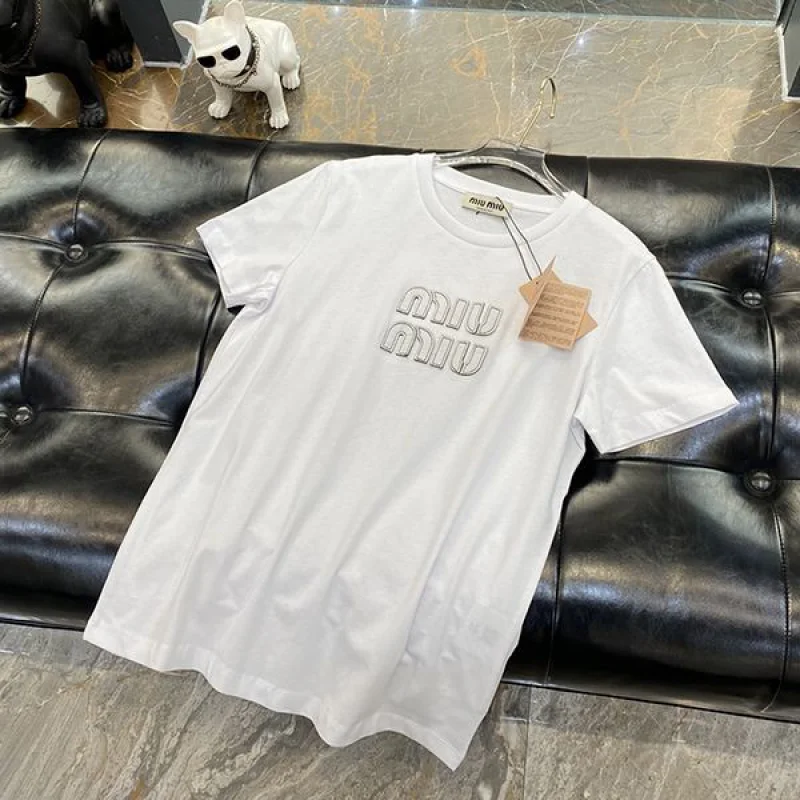 送料込ミュウミュウ コピー エンブロイダリーコットンTシャツ myv33585