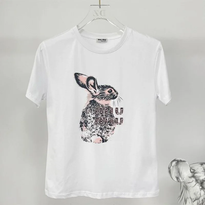 送料込ミュウミュウ コピー エンブロイダリーコットンTシャツ myv33585