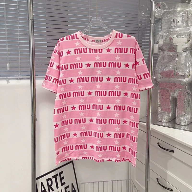 日本未入荷ミュウミュウ コピー プリント付き ジャージーTシャツ ロゴ入り myx78182