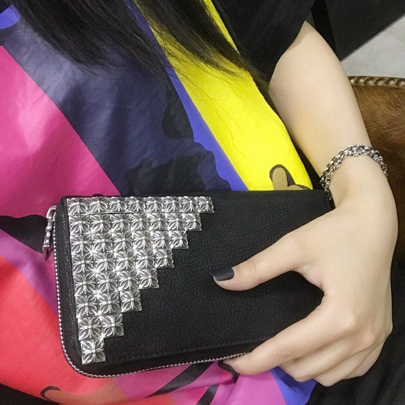 追跡付き発送 クロムハーツ コピー/ RECFピラミッド デストロイBLKレザー長財布 Kuh62681