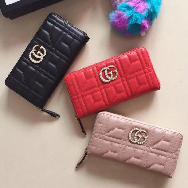 グッチ GGマーモント パール装飾 ラウンドジップ偽物 長財布
